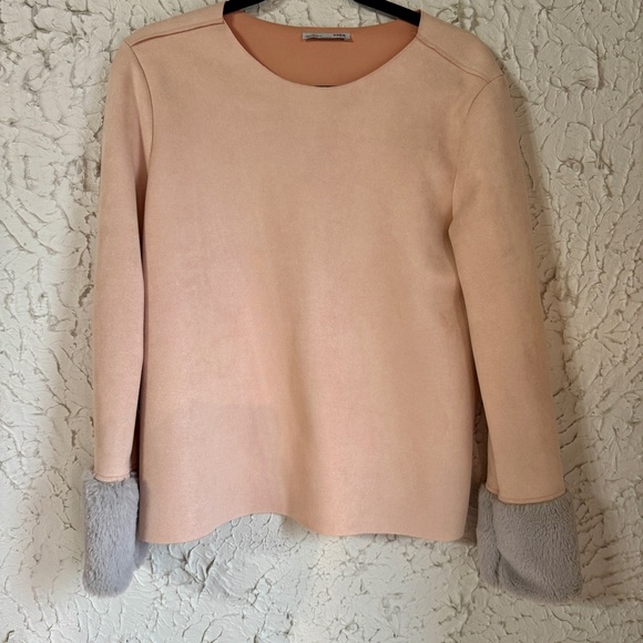 Zara Tops - Zara Blush Pink Faux Suede Top with Gray Faux Fur Cuffs